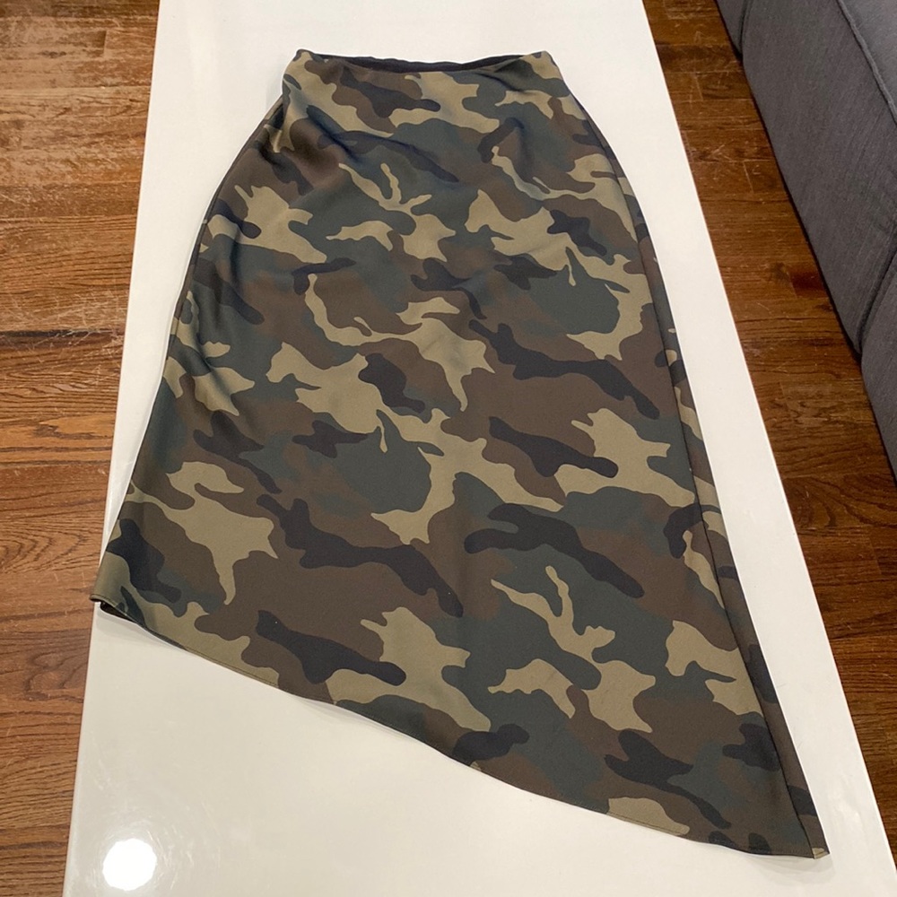 Alice + Olivia Camo Asymmetrical Camo Midi Skirt in Olive, Brown, Black